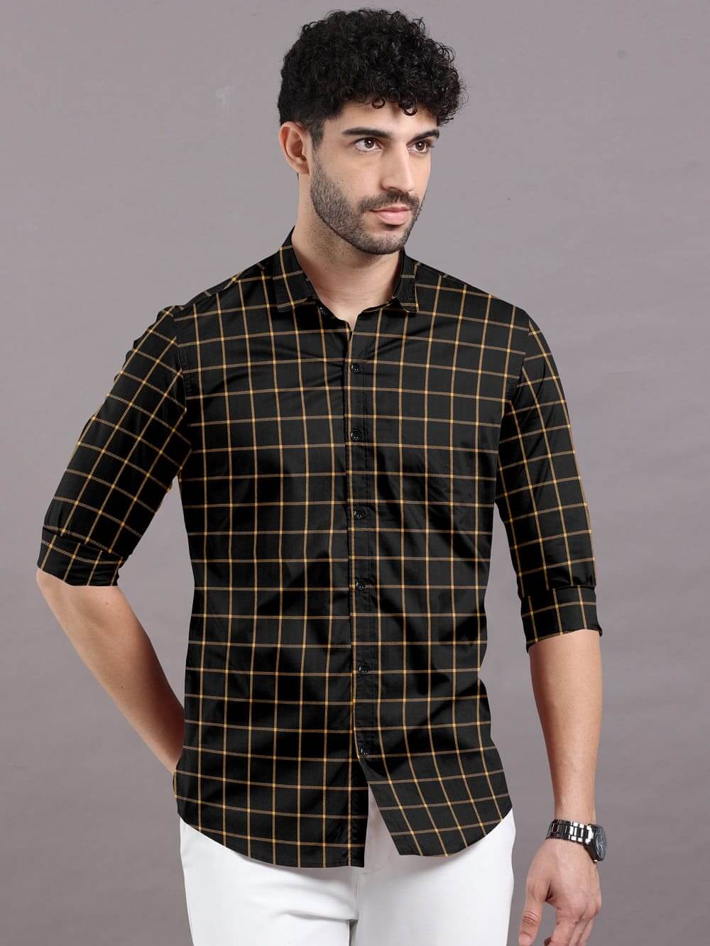 Black with Yellow Check Cotton Full Sleeve Shirt For Men