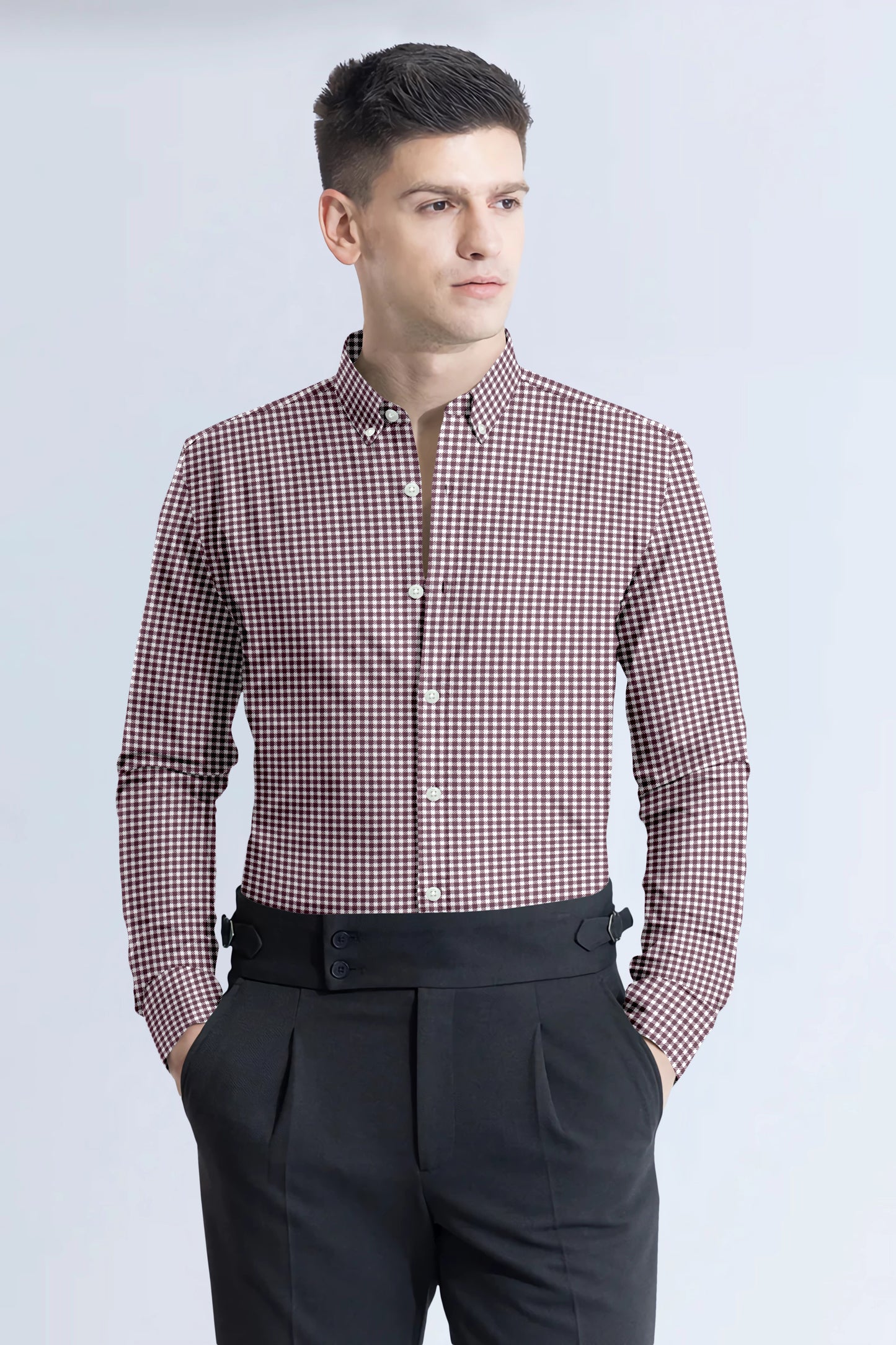 Maroon with White Check Cotton Full Sleeve Shirt For Men