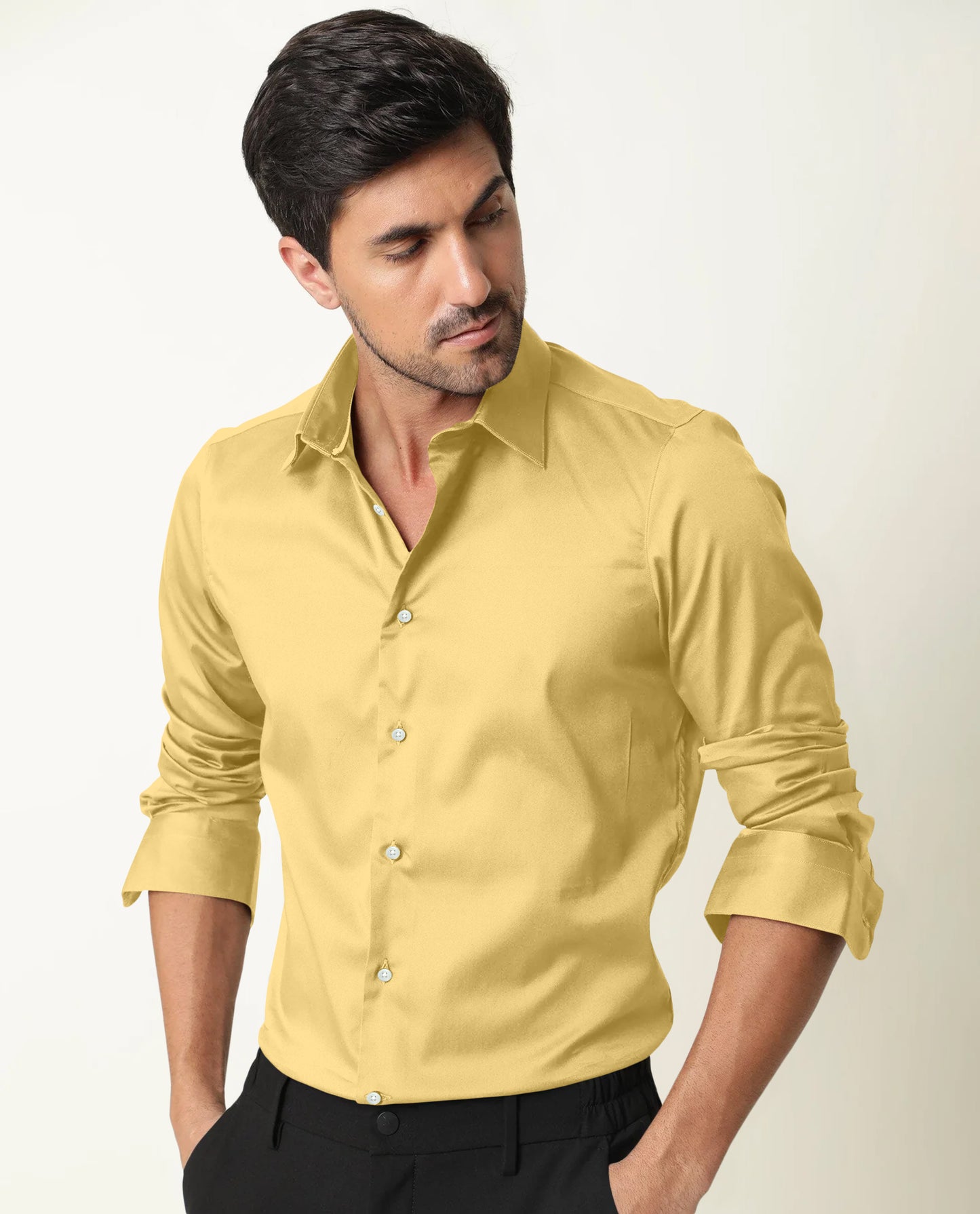 Yellow Giza Satin Cotton Full Sleeve Formal Shirt For Men