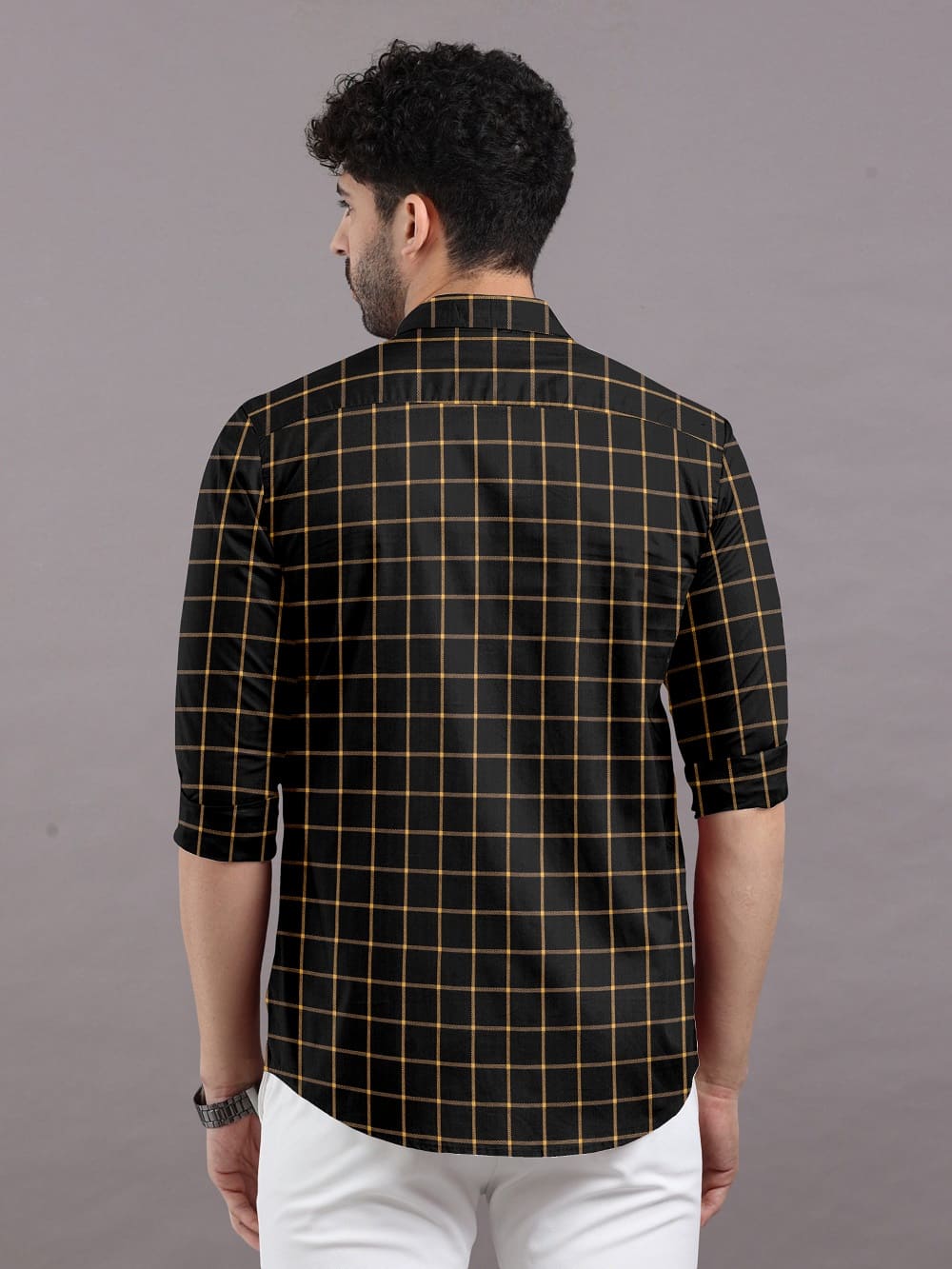 Black with Yellow Check Cotton Full Sleeve Shirt For Men