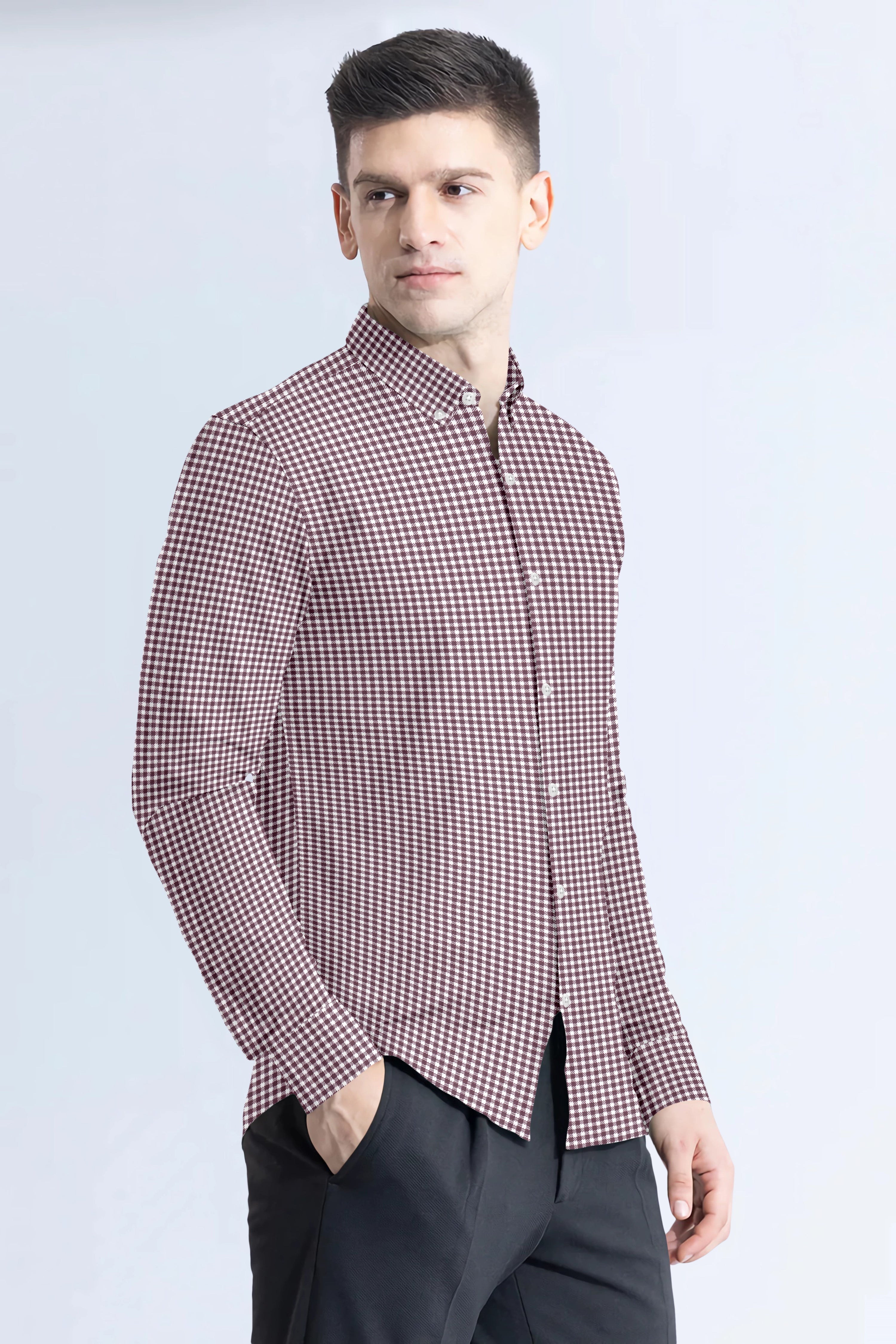 Maroon with White Check Cotton Full Sleeve Shirt For Men