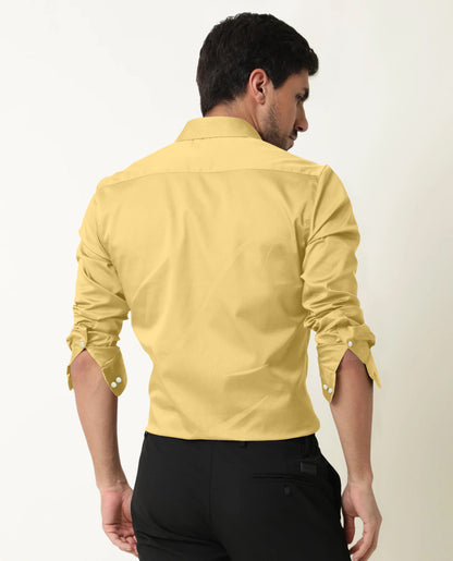 Yellow Giza Satin Cotton Full Sleeve Formal Shirt For Men