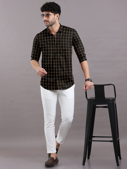 Black with Yellow Check Cotton Full Sleeve Shirt For Men