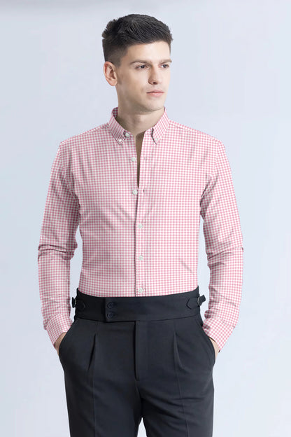 Pink with White Check Cotton Full Sleeve Shirt For Men