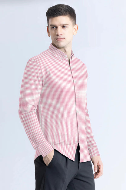 Pink with White Check Cotton Full Sleeve Shirt For Men