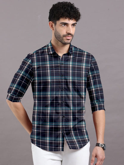 Blue with White Check Cotton Full Sleeve Shirt For Men