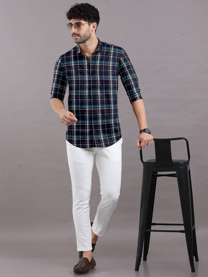 Blue with White Check Cotton Full Sleeve Shirt For Men