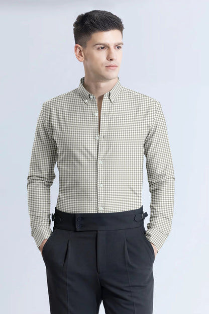 Olive with White Check Cotton Full Sleeve Shirt For Men