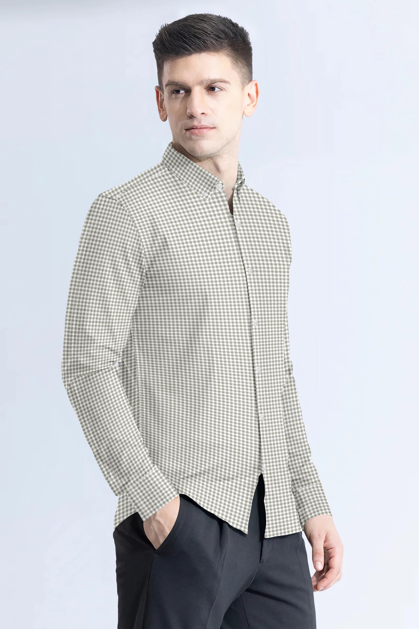 Olive with White Check Cotton Full Sleeve Shirt For Men