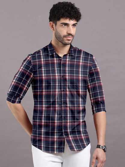 Blue with Red Check Cotton Full Sleeve Shirt For Men