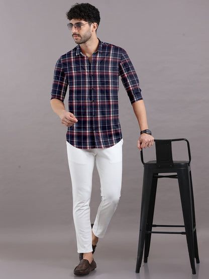 Blue with Red Check Cotton Full Sleeve Shirt For Men