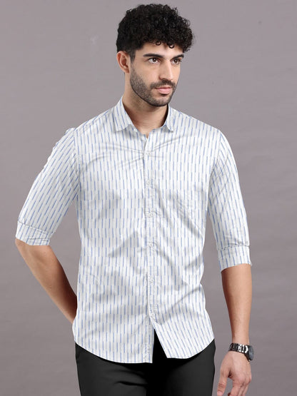 White with Blue Striped Cotton Full Sleeve Shirt For Men