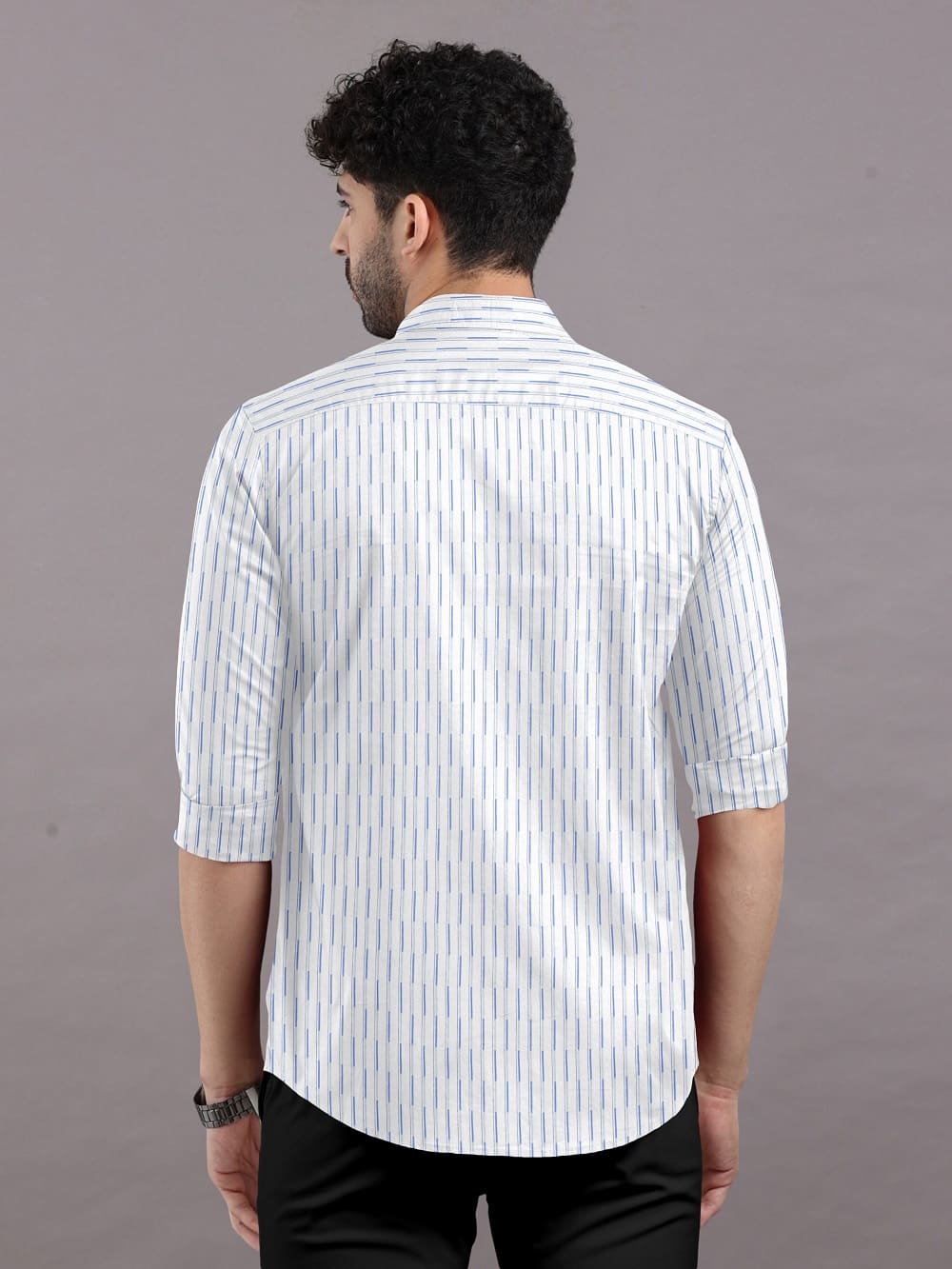 White with Blue Striped Cotton Full Sleeve Shirt For Men