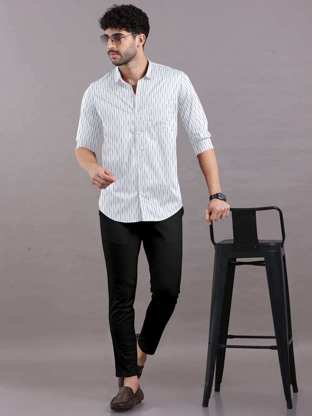 White with Blue Striped Cotton Full Sleeve Shirt For Men