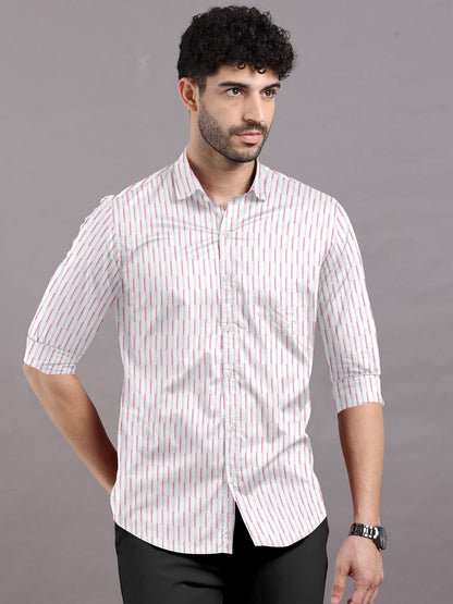 White with Red Striped Cotton Full Sleeve Shirt For Men