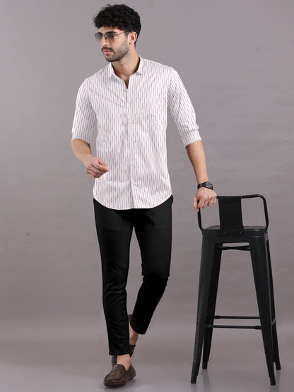 White with Red Striped Cotton Full Sleeve Shirt For Men