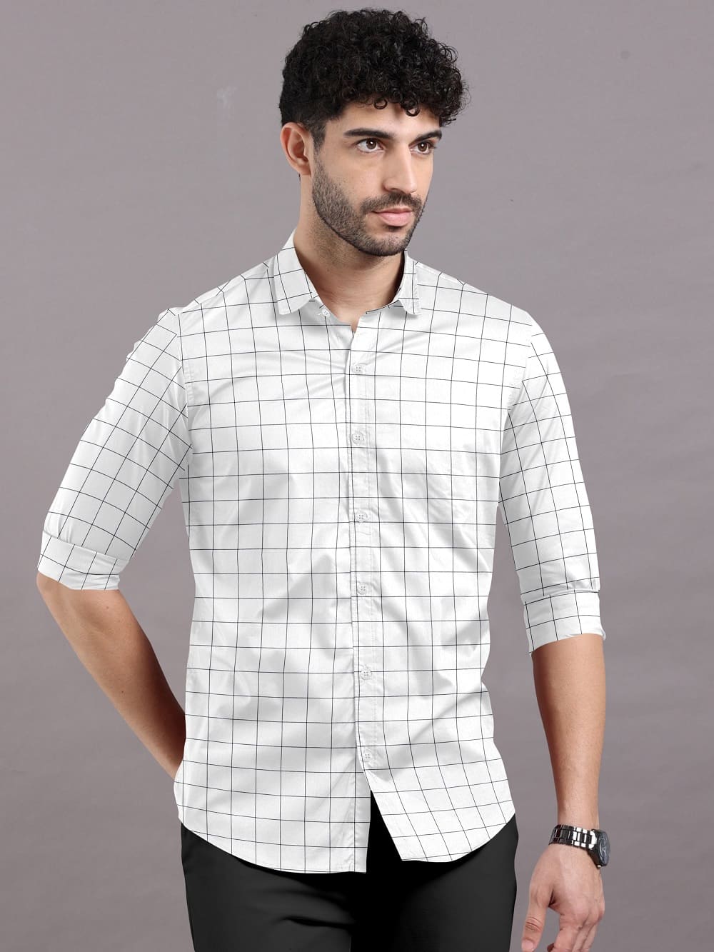 White with Black Check Cotton Full Sleeve Shirt For Men