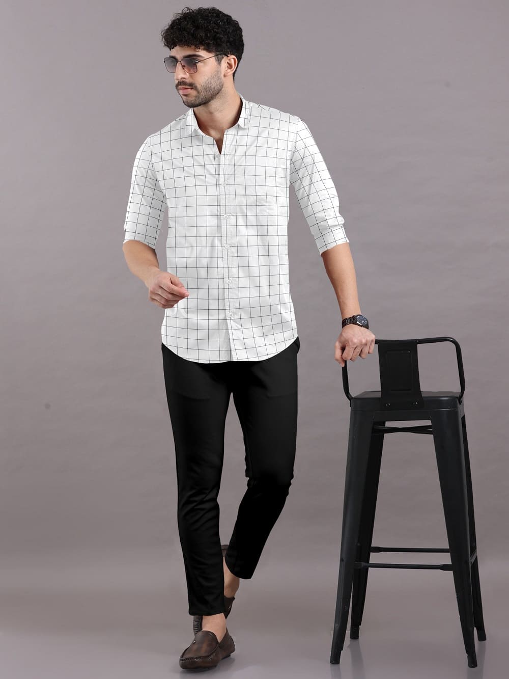 White with Black Check Cotton Full Sleeve Shirt For Men