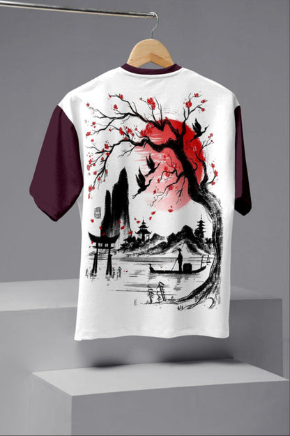 Maroon & White Printed Half-Sleeve T-Shirt