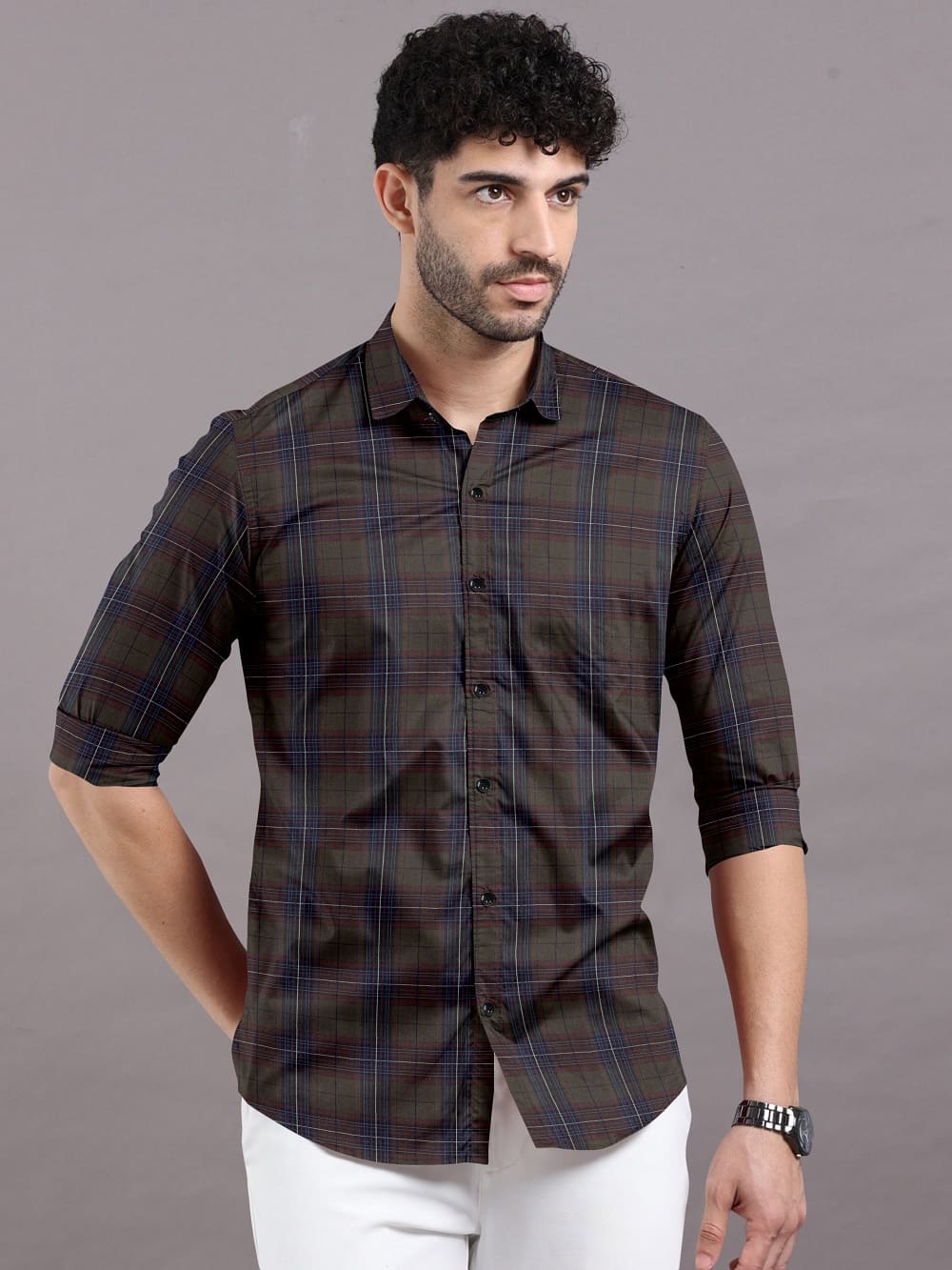 Brown With Blue Checks Pure Cotton Premium Full Sleeve Shirt For Men