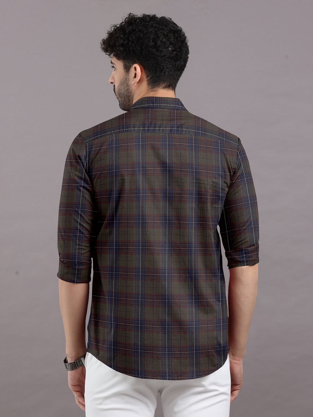 Brown with Blue Check Cotton Full Sleeve Shirt For Men