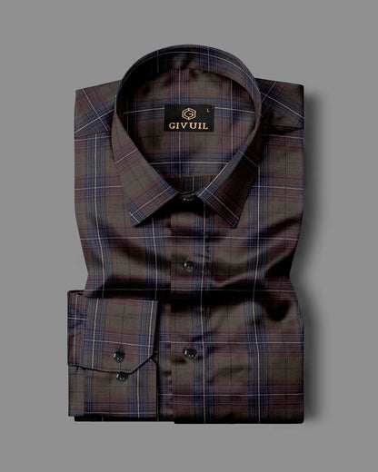 Brown With Blue Checks Pure Cotton Premium Full Sleeve Shirt For Men