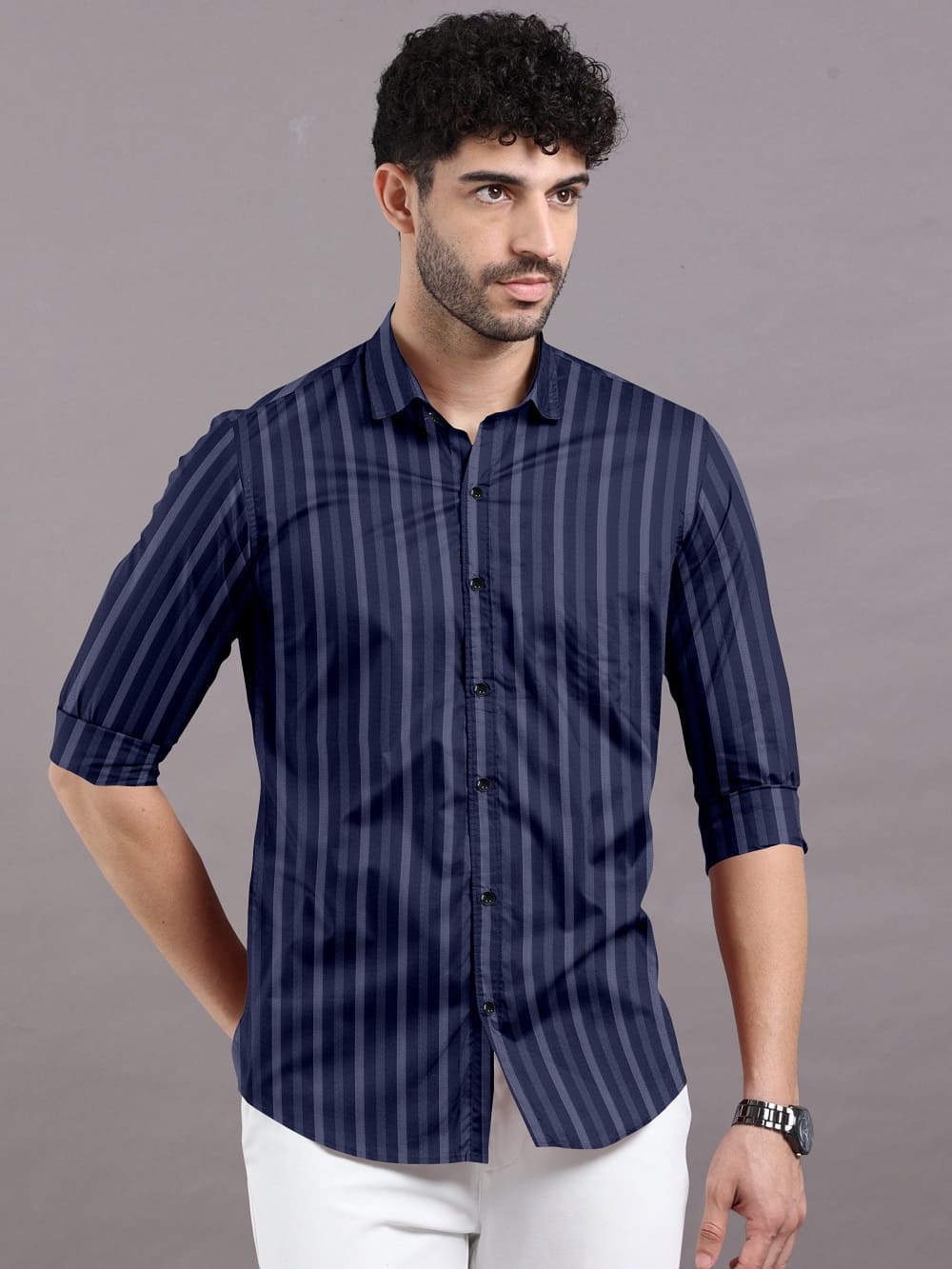 Blue With White Line Pure Cotton Premium Full Sleeve Shirt For Men