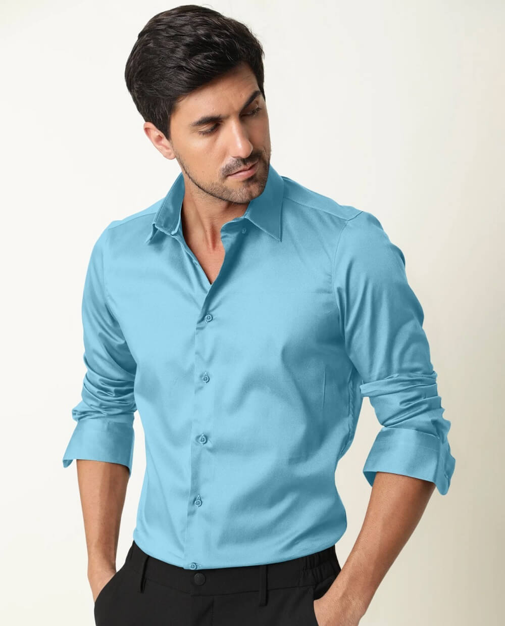 Sky Blue Premium Giza Satin Cotton Full Sleeve Shirt For Men - Givuil