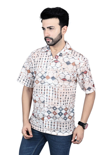 Geometric Printed Linen Half-Sleeve Shirt