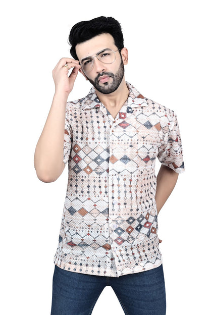 Geometric Printed Linen Half-Sleeve Shirt