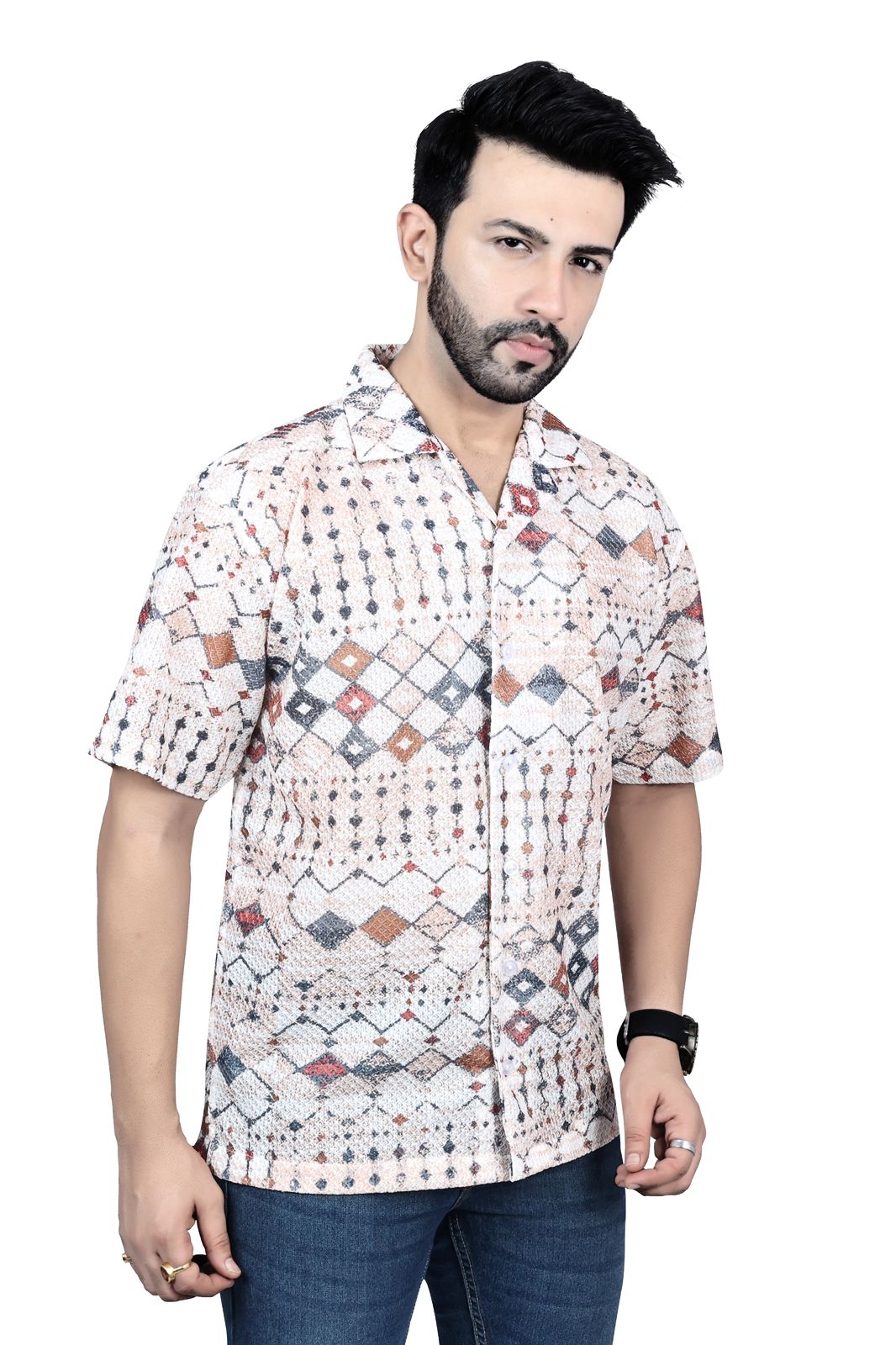 Geometric Printed Linen Half-Sleeve Shirt