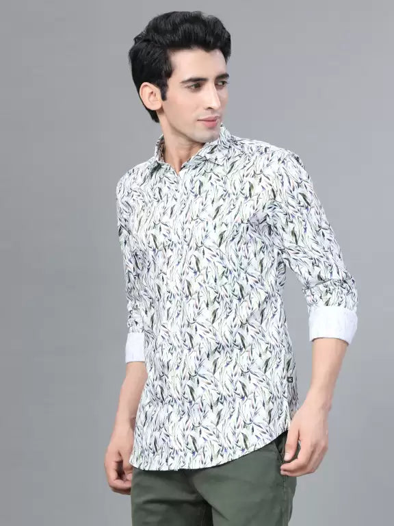 Green Leaf Printed Casual Full Sleeve Cotton Shirt For Men