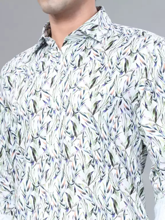 Green Leaf Printed Casual Full Sleeve Cotton Shirt For Men