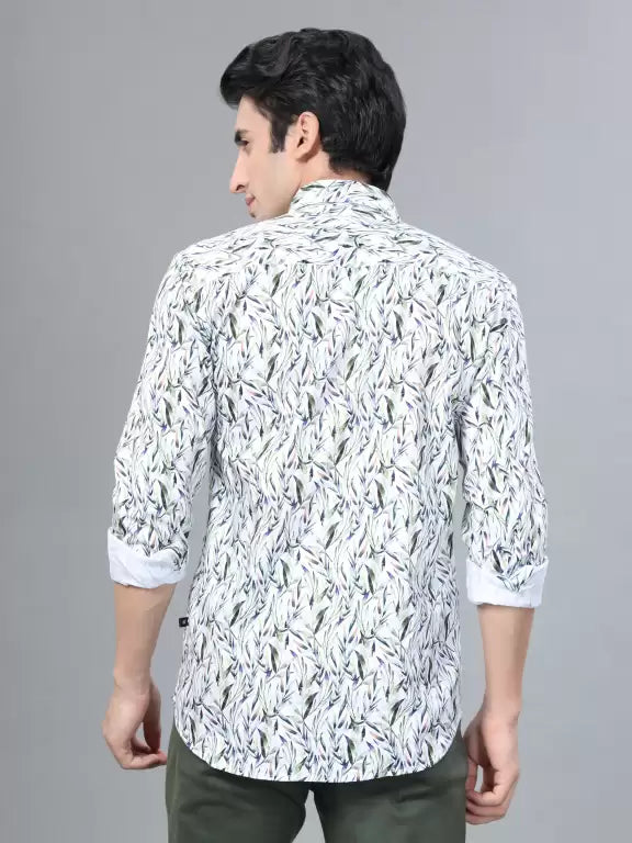 Green Leaf Printed Casual Full Sleeve Cotton Shirt For Men