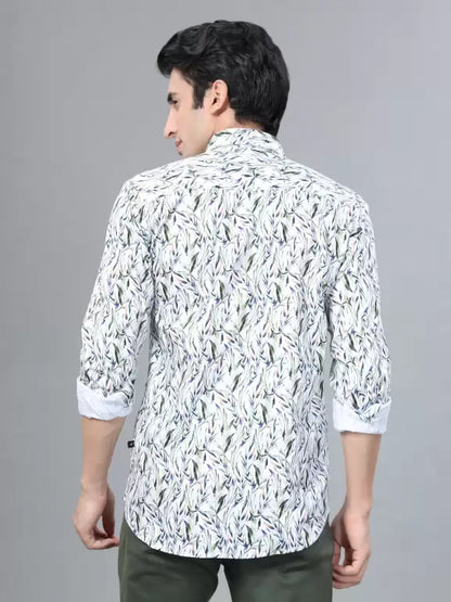 Green Leaf Printed Casual Full Sleeve Cotton Shirt For Men