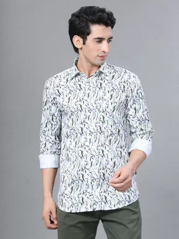 Green Leaf Printed Casual Full Sleeve Cotton Shirt For Men